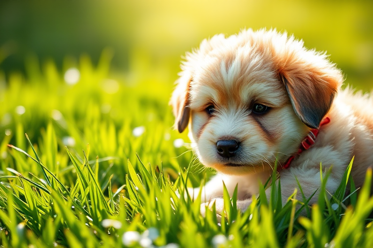 high-quality image of a fluffy puppy lying in lush green grass, shallow depth of field, sunlight filtering through the grass, 85mm lens, aperture f/2.8, ISO 200, natural light, DSLR camera, soft focus background, vibrant colors