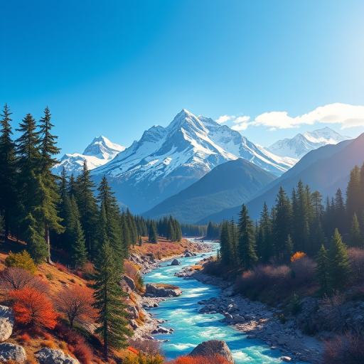 create a vibrant illustration of a scenic mountain landscape featuring a winding river, tall pine trees, and snow-capped peaks under a clear blue sky, captured with a Canon EOS R5 at f/8, ISO 100, 24mm lens, with a focus on natural colors and high detail in the foreground and background.