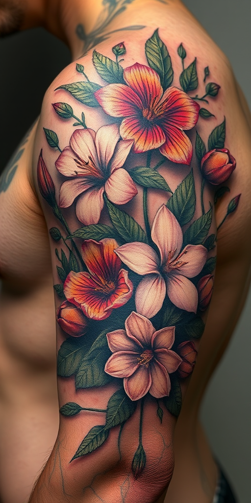 Realistic 3D tattoo titled "Living Canvas" depicting hyperrealistic flora and fauna that appear to emerge from the skin, with lifelike textures and shading that create an illusion of depth, incorporating elements of trompe l'oeil art techniques