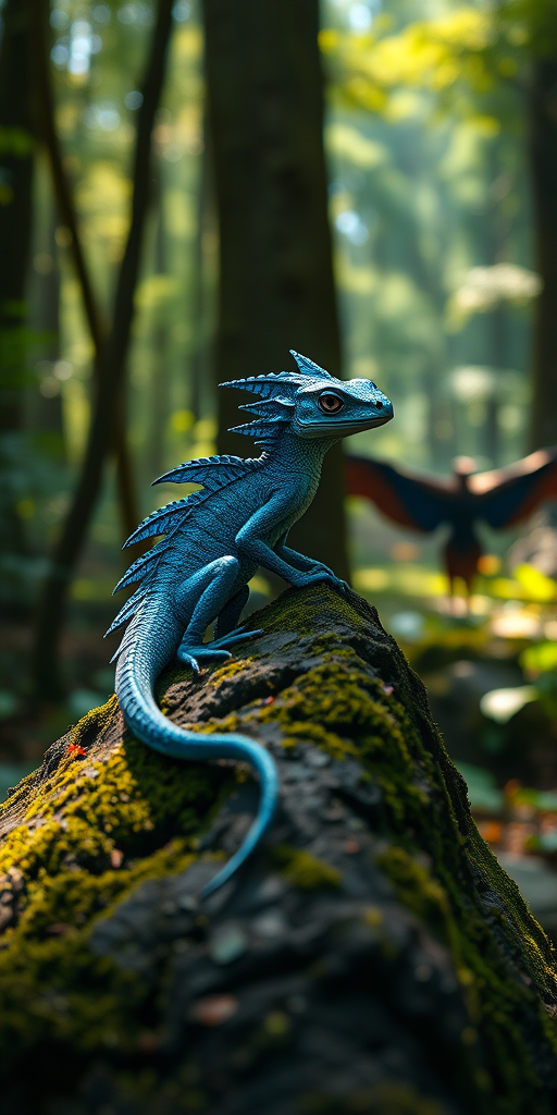 create a highly detailed and vibrant image of a blue dragon perched on a moss-covered rock in a lush forest with dappled sunlight filtering through the trees, shot with a Canon EOS R5, 50mm lens, f/2.8 aperture, ISO 100, using a macro photography style to enhance color and detail.