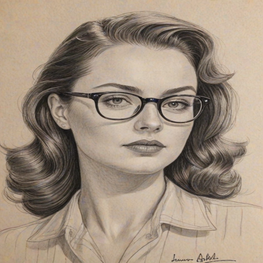 Graceful Lauren Ash, pencil sketch, portrait of Superb woman 1945s in glasses, hair style beatnik, outline, clear lines, fine lines, 8k