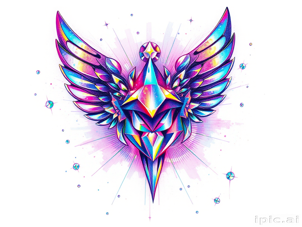 Holographic "Iridescent Illusion" tattoo illustration featuring shimmering prismatic effects and color-shifting elements that appear to change and move with the light creating a mesmerizing and futuristic appearance
