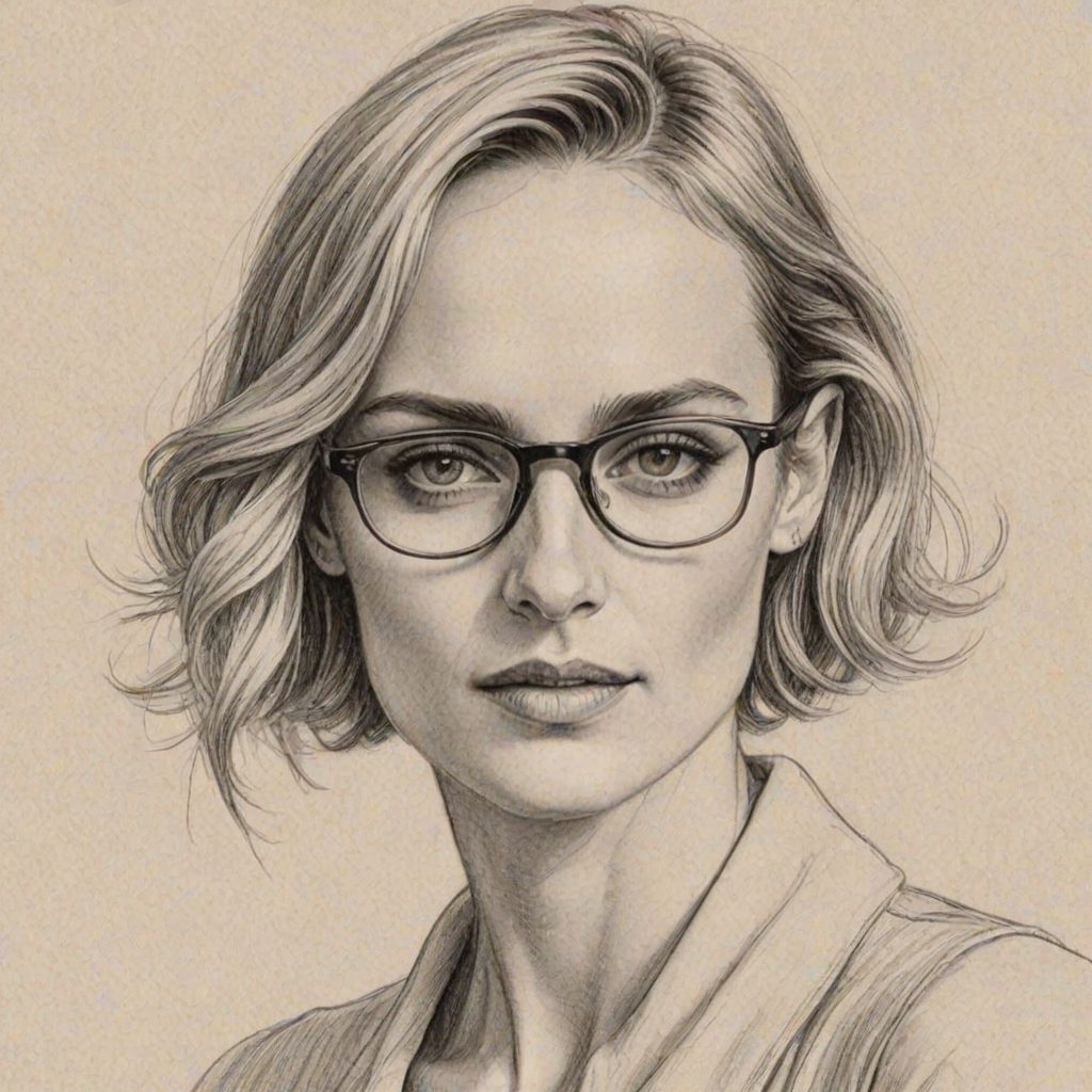 Comely Amber Valletta, pencil sketch, portrait of Beauteous woman 1923s in glasses, hair style beatnik, outline, clear lines, fine lines, 8k