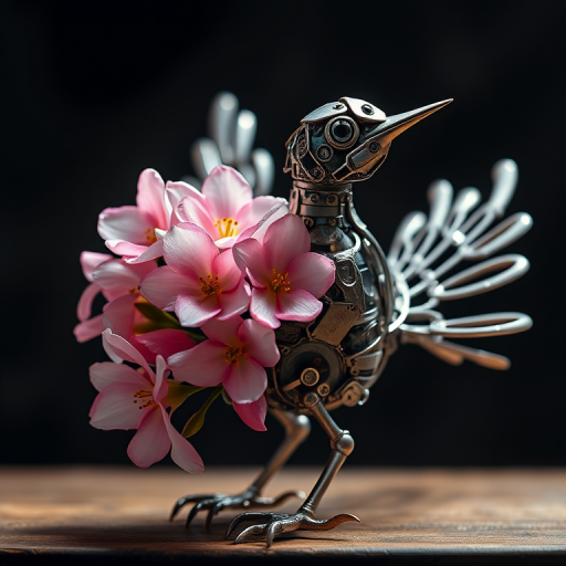 Create an image of a mechanical bird made of metal parts with intricate details and blooming flowers emerging from its body, captured with a DSLR camera at f/2.8, ISO 100, 50mm lens, side view, soft lighting, high-resolution.