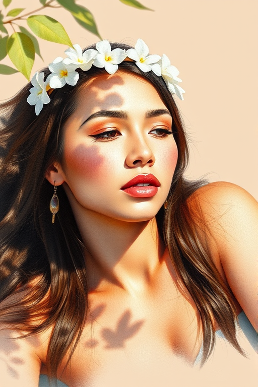 create a watercolor painting of an ethereal portrait of beautiful First Nations woman with a simple white flower crown on her head. Her hair is long and she is lying on the ground. The sunlight on the trees casts shadows from the leaves on her face and body. The background is a neutral brown color that matches her skin tone. The image is minimalist and solid colors. This style is characterized by soft, delicate brushstrokes and a light, airy, contrasting color palette. High level of detail and play of light