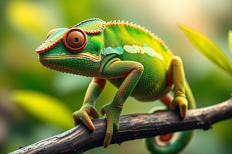 Create a high-resolution illustration of a green chameleon perched on a branch with vibrant colors and detailed textures, using a DSLR camera with a 50mm lens, aperture set at f/2.8, ISO 100, and natural lighting for enhanced vibrancy.