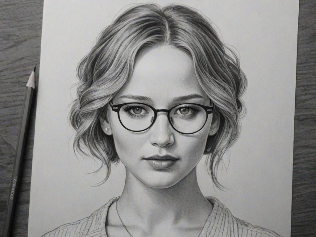 Bewitching Jennifer Lawrence, pencil sketch, portrait of Wonderful woman 1926s in glasses, hair style beatnik, outline, clear lines, fine lines, 8k