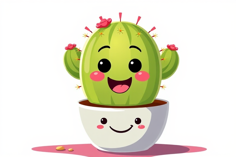 Create a digital illustration of a friendly-looking cactus in a smiling pot, vibrant colors, sharp details, with a 50mm lens, f/2.8 aperture, soft lighting, and a focus on the cactus texture, using a DSLR camera style.