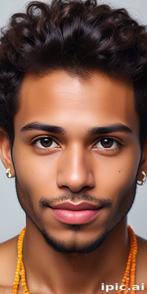 A Close-Up Portrait of a Young Man with Curly Hair and Earrings