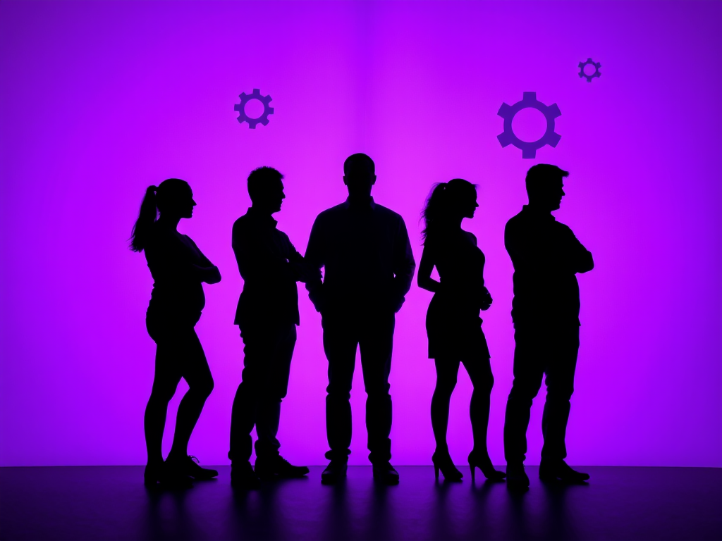 regenerate the image of five silhouettes of people standing against a purple background with gears, use a DSLR camera, aperture f/2.8, shutter speed 1/125s, ISO 100, 35mm lens, soft focus style