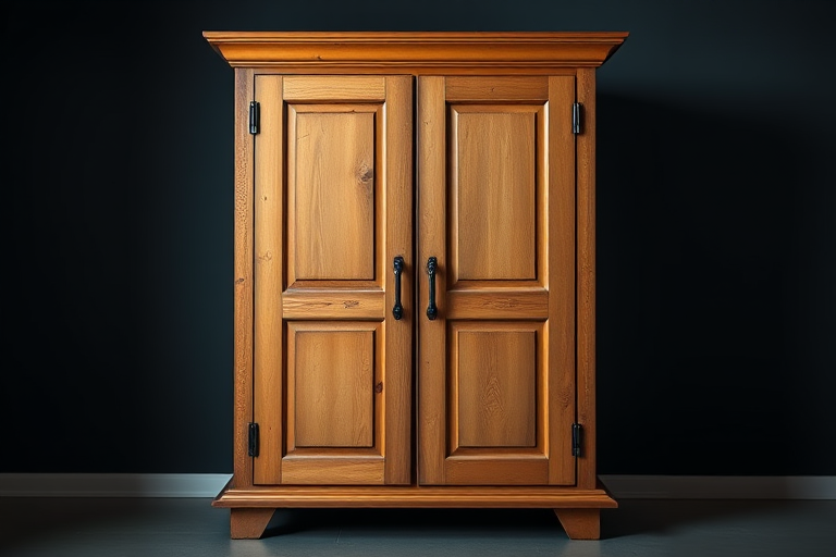 Generate a high-quality image of a closed cabinet with double doors, taken with a DSLR camera at f/4 aperture, ISO 100, 1/125 shutter speed, in a well-lit studio environment, using a shallow depth of field to emphasize the textures and colors of the cabinet.