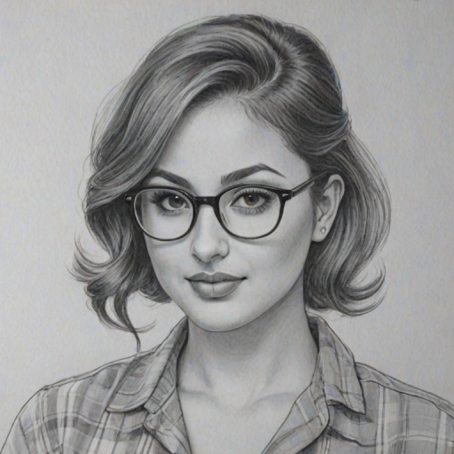 Resplendent Francia Raisa, pencil sketch, portrait of Resplendent woman 1958s in glasses, hair style beatnik, outline, clear lines, fine lines, 8k
