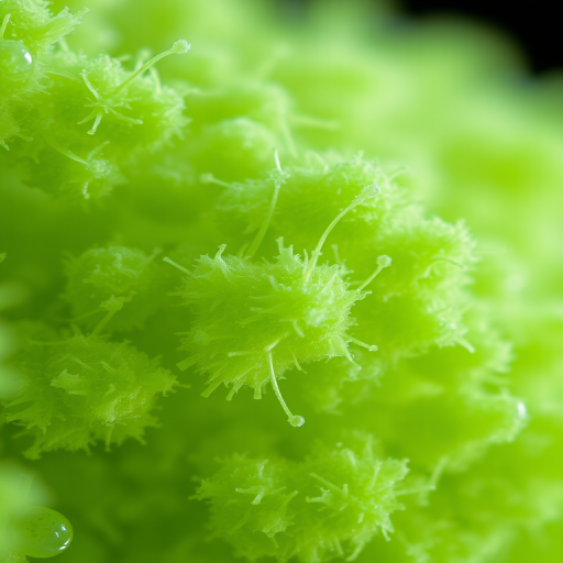 microscopic view of green bacteria with fuzzy textures, high detail, 50mm macro lens, f/2.8 aperture, ISO 100, shallow depth of field, vibrant colors, soft lighting, DSLR camera