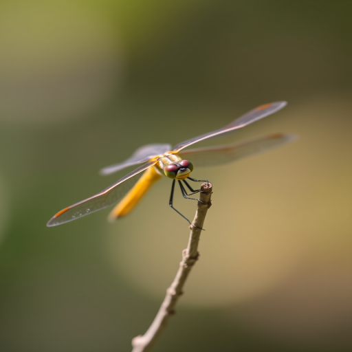macro photograph of a dragonfly perched on a branch, shallow depth of field, ISO 100, f/2.8, shutter speed 1/250s, natural light, DSLR, 85mm lens, focus on the dragonfly with a soft bokeh background