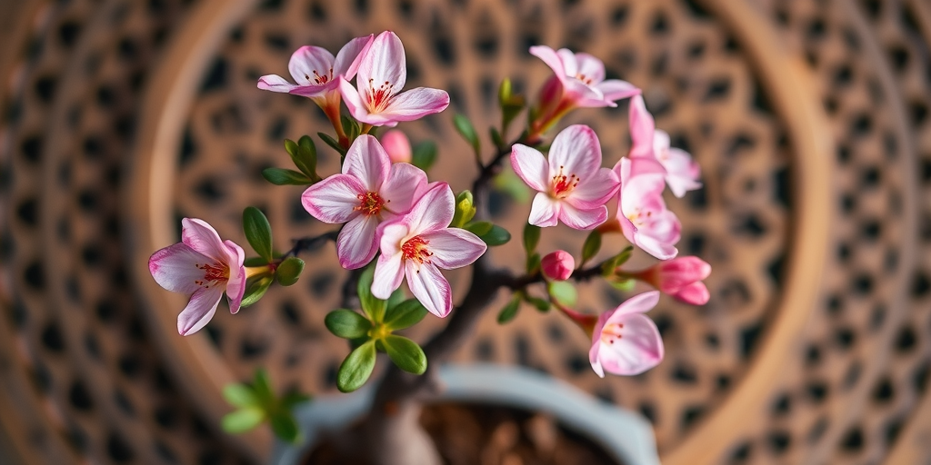 regenerate a close-up image of a bonsai tree with blooming pink flowers against a circular decorative background, camera settings: aperture f/2.8, shutter speed 1/125s, ISO 200, camera view: top-down angle, camera style: soft focus with vibrant colors, camera type: digital DSLR