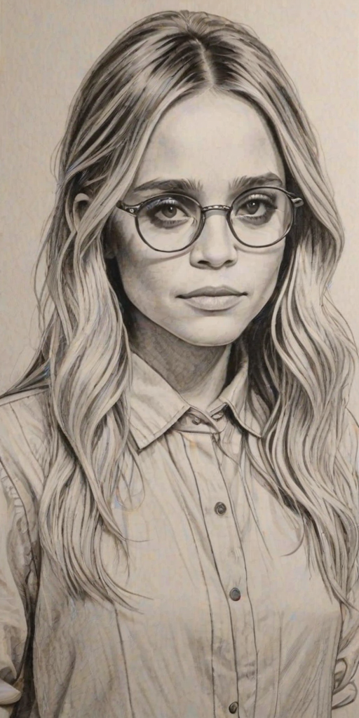 Dazzling Mary-Kate Olsen, pencil sketch, portrait of Fetching woman 1979s in glasses, hair style beatnik, outline, clear lines, fine lines, 8k
