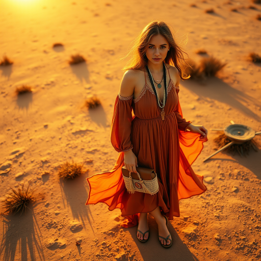 Desert setting, bohemian model, flowy dresses, earthy tones, rustic sunset effect,  equipped with a 12mm lens to capture an overhead view of the model, emphasizing symmetry and spatial positioning