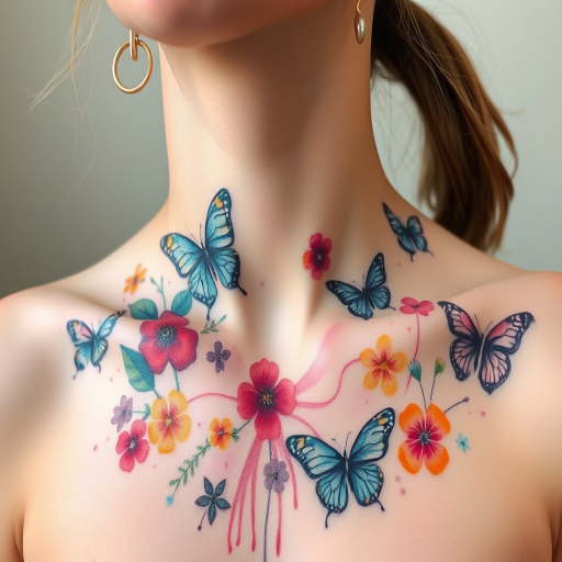 Whimsical watercolor body tattoo of abstract flowers and butterflies scattered across the collarbone and shoulders, blending soft pastels with vibrant splashes of color