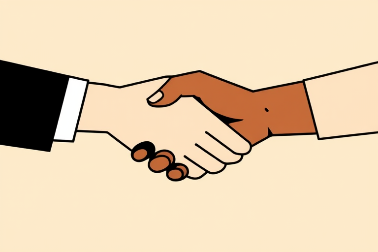 Create a digital illustration of two hands shaking, symbolizing support and collaboration, with bold black outlines on a light beige background, using a DSLR camera with a 50mm lens, aperture set to f/2.8, ISO 100, and in a flat lay style for a clean and even lighting effect.