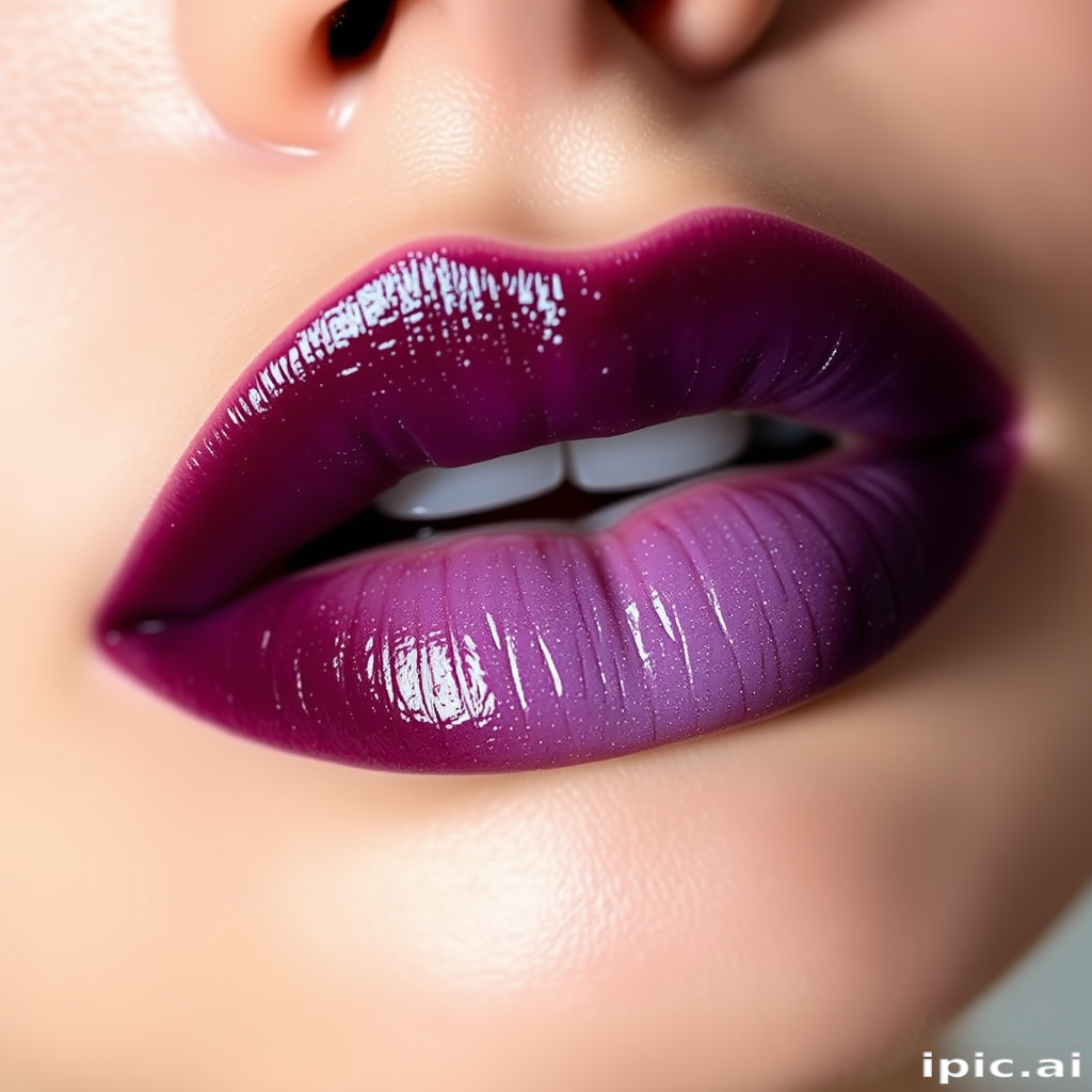 Dramatic ombre lips transitioning from deep plum to pale lavender, creating a mesmerizing and artistic look, with a touch of shimmer for added intrigue