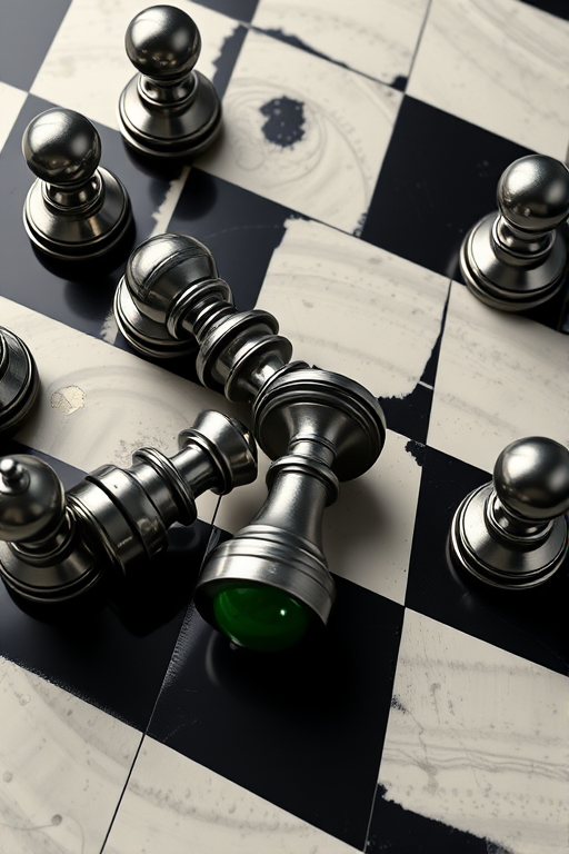 highly detailed 3D render of a chessboard with glossy black and white squares featuring a fallen king with a green base surrounded by shiny metallic pieces, shot with a DSLR camera at f/2.8, 50mm lens, ISO 100, 1/200s shutter speed, top-down angle, high dynamic range, soft lighting for enhanced reflections and textures