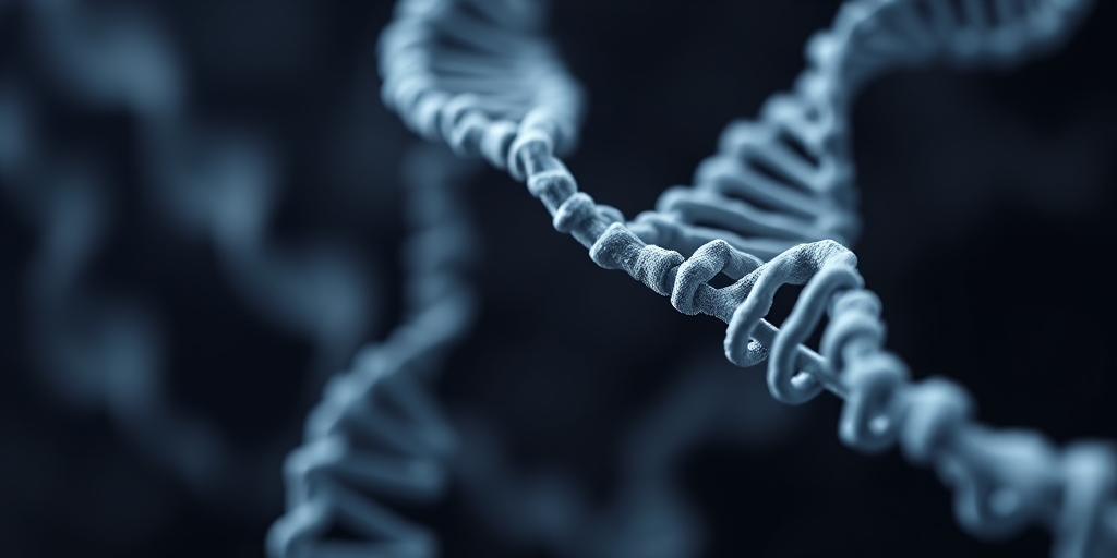 Create a high-resolution molecular structure of DNA strands in a dark background using a macro lens with a shallow depth of field, f-stop of 2.8, ISO 100, shutter speed of 1/200s, rendered in 4K quality with a soft focus effect to enhance detail and contrast.