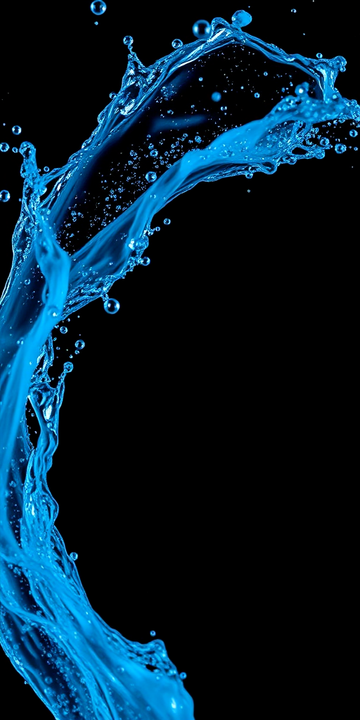 Create a vibrant splash of blue water against a black background, captured with a DSLR camera at f/2.8, 1/500s shutter speed, ISO 100, in a macro view with a high-speed photography style to enhance detail and clarity.