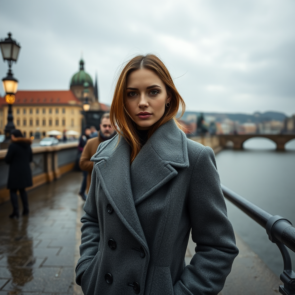 cinematic photo from above, waist up shot, sharp focus, a beautiful woman in foreground, in Prague, at the Charles Bridge, river in background, overcast rainy day, wearing long grey wool coat, warm rich color palette