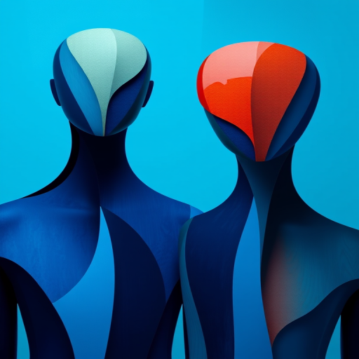 Regenerate an abstract image of two stylized figures with a dominant blue color scheme, using a Canon EOS R5 camera, 50mm lens, f/1.8 aperture, ISO 100, shot from a frontal view with high dynamic range to enhance color vibrancy and detail.