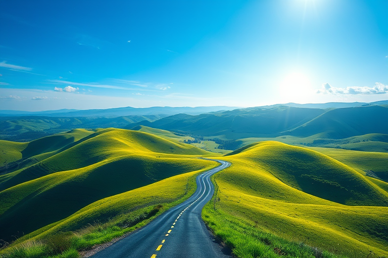 Generate a vibrant landscape illustration featuring rolling green hills with a winding road leading into the distance, bright blue sky with subtle rays of sunlight illuminating the scene, camera settings f/8, ISO 100, 1/200s, wide-angle lens, high dynamic range photography, digital camera type.