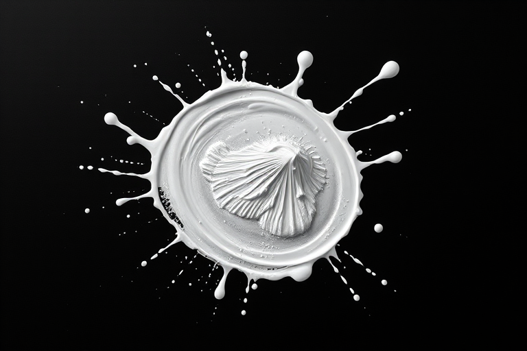 Create a high-resolution image of an abstract white paint splash on a black background, using a DSLR camera with a 50mm lens, aperture set to f/1.8, ISO 100, and a shutter speed of 1/200 sec, capturing the splash in a frontal view with soft diffused lighting to enhance texture and detail.