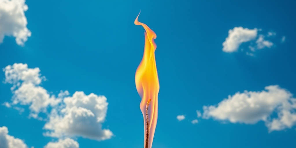 create a surreal image of a half-zippered flame against a bright blue sky with fluffy white clouds, shot with a DSLR camera using a 50mm lens, aperture f/2.8, ISO 100, exposure 1/2000s, with a vibrant color filter for enhanced depth and clarity