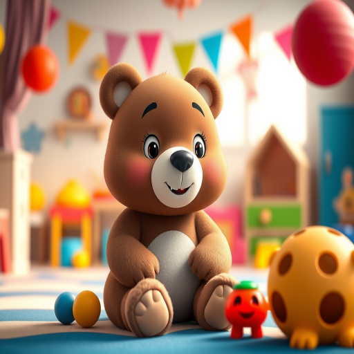 Create a cute animated bear character sitting in a colorful playroom with soft lighting, using a Canon EOS R5, 50mm f/1.2 lens, aperture at f/2.8, ISO 100, with a shallow depth of field and vibrant colors.