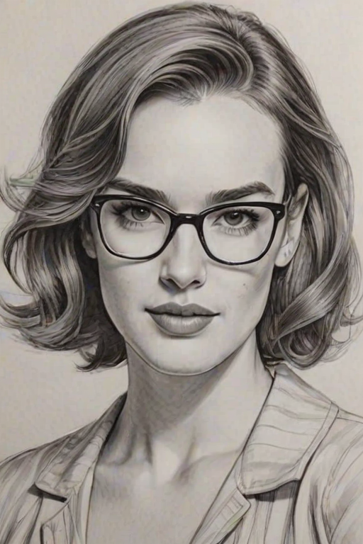 Dazzling Elizabeth Henstridge, pencil sketch, portrait of Stunning woman 1959s in glasses, hair style beatnik, outline, clear lines, fine lines, 8k