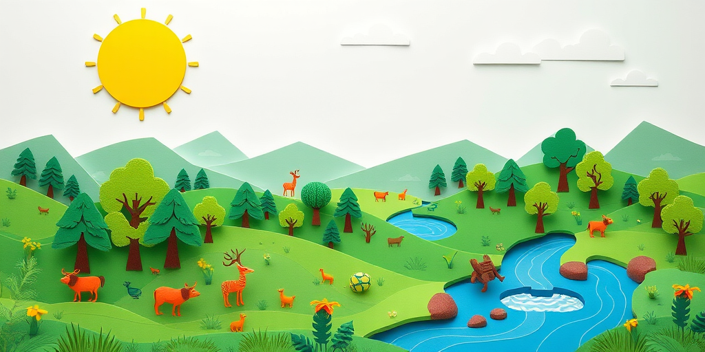 Create a vibrant paper-cut landscape featuring a bright sun, lush green trees, playful animals, and a flowing river, captured with a DSLR camera at f/8, ISO 100, 1/250s, wide-angle lens, shot from a high vantage point to enhance detail and depth.