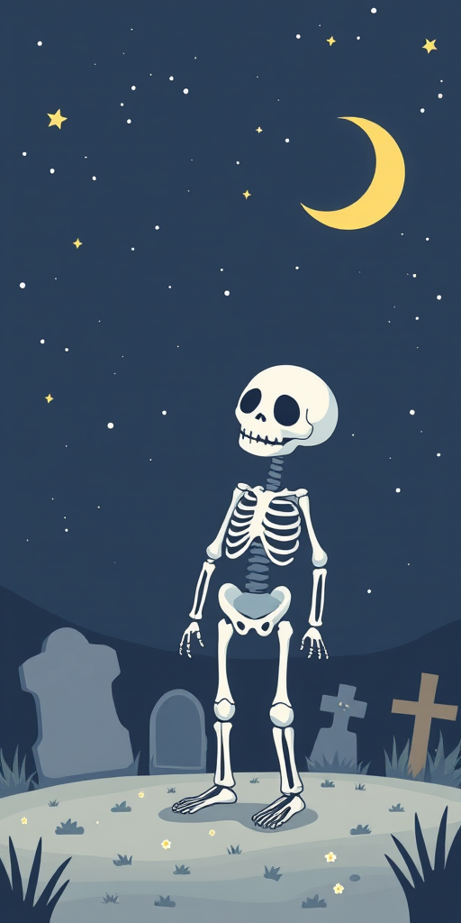 Create a whimsical illustration of a cute skeleton standing in a graveyard under a starry night sky, with a glowing crescent moon, using a DSLR camera with a 50mm lens, f/2.8 aperture, ISO 200, and a wide-angle view to enhance depth and clarity.