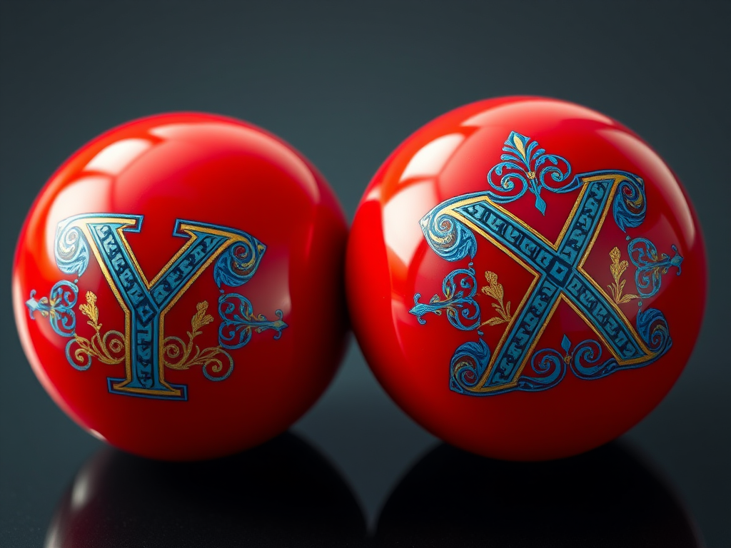Create a highly detailed image of two glossy red spheres with intricate blue and gold patterned letters Y and X on each, using a Canon EOS R5 camera, 50mm lens, f/1.8 aperture, ISO 100, and natural daylight for enhanced color vibrancy and clarity.