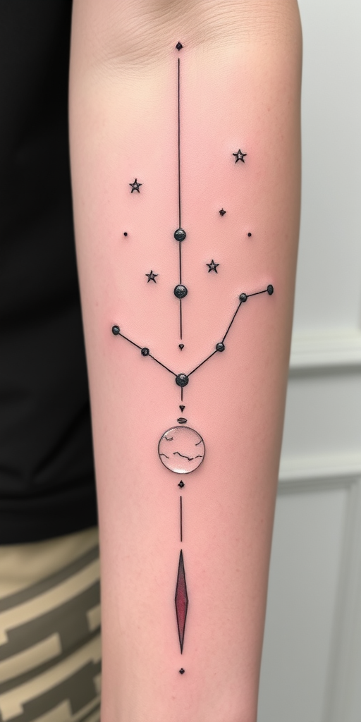 Minimalist single-line tattoo dubbed "Cosmic Connection" portraying constellations and celestial bodies linked by a continuous flowing line in subtle white ink