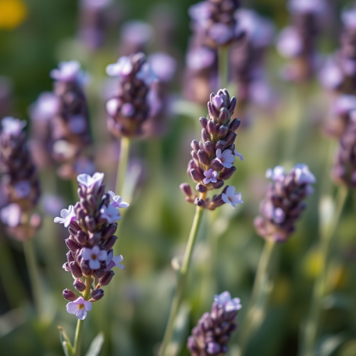 Lavender flowers in full bloom with a macro lens, aperture f/2.8, ISO 100, 50mm lens, natural lighting, shallow depth of field for background blur.