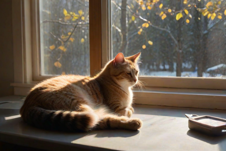 Softly lit morning image of a cat lounging in a sunbeam on a windowsill, eyes half-closed, soft shadows of tree branches dancing on the floor, a cup of coffee steaming on the table nearby, the faint sound of birds chirping outside the window.