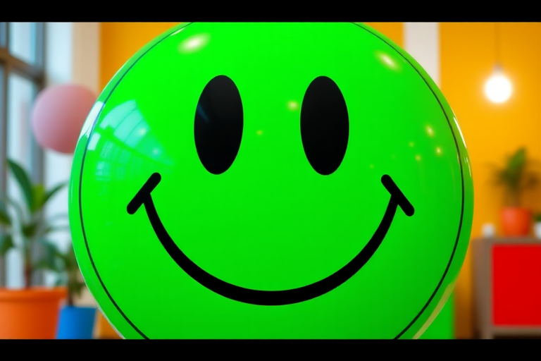 Create a high-resolution image of a large green smiley face with a black outline, shot with a DSLR camera at f/2.8, 1/100 sec shutter speed, ISO 100, in a vibrant, well-lit environment focusing on a clean background for better contrast.