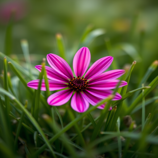 macro shot of a vibrant pink flower surrounded by green grass, shallow depth of field, f/2.8 aperture, 50mm lens, ISO 100, natural lighting, DSLR camera, soft focus background