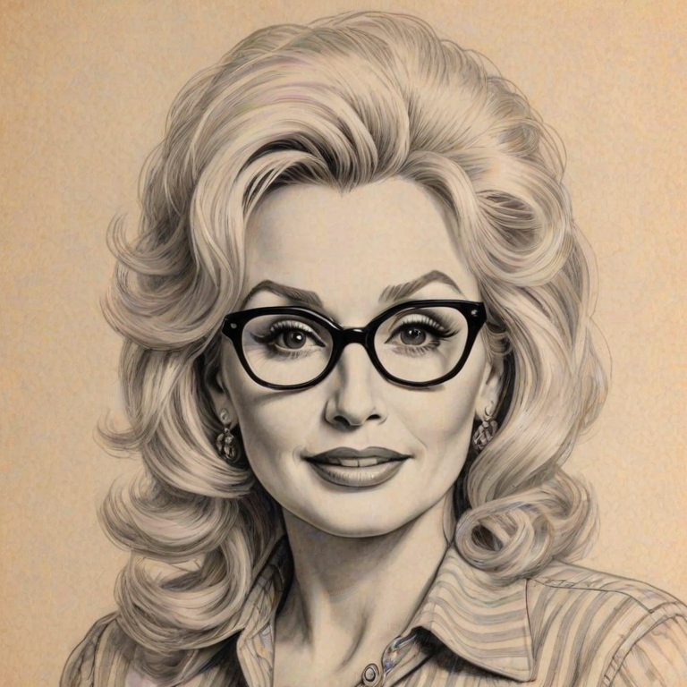 Splendid Dolly Parton, pencil sketch, portrait of Exquisite woman 1953s in glasses, hair style beatnik, outline, clear lines, fine lines, 8k