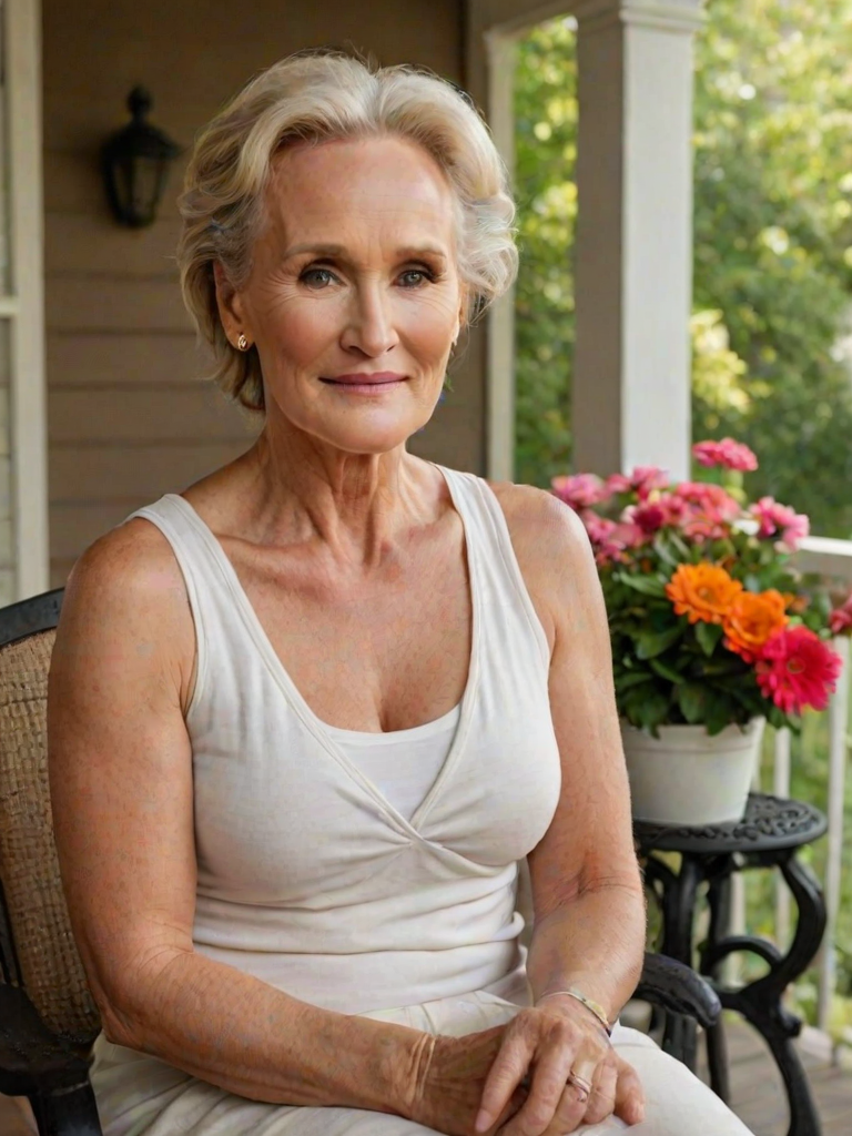 A photo of Glenn Close with a background of a cozy porch. She has dark hair pulled back in an updo, with tendrils framing her face. She wears a white tank top and sits on the porch. The porch is part of a well-lit home with a warm, earthy tone and colorful flowers and foliage. The overall scene has a warm, welcoming, and comfortable ambiance.