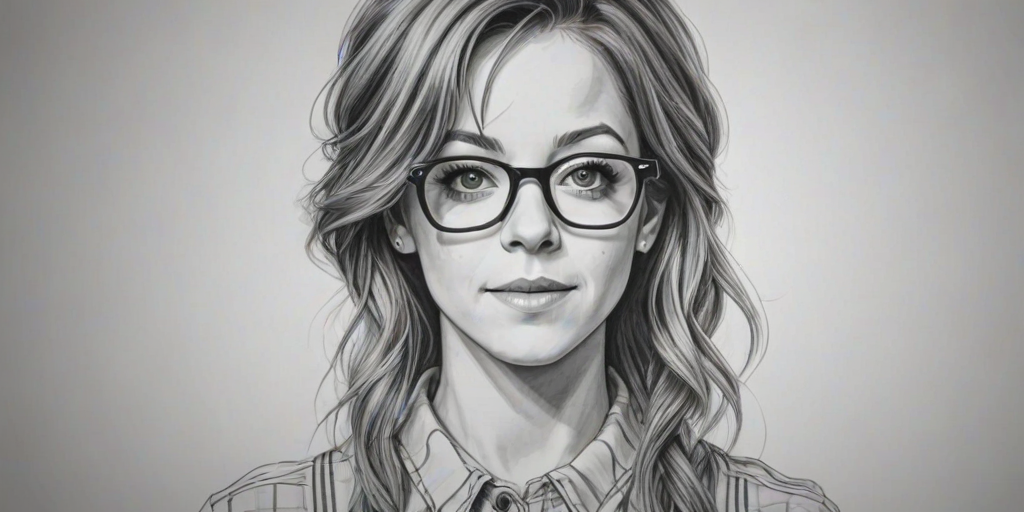 Gorgeous Lindsey Stirling, pencil sketch, portrait of Resplendent woman 1975s in glasses, hair style beatnik, outline, clear lines, fine lines, 8k