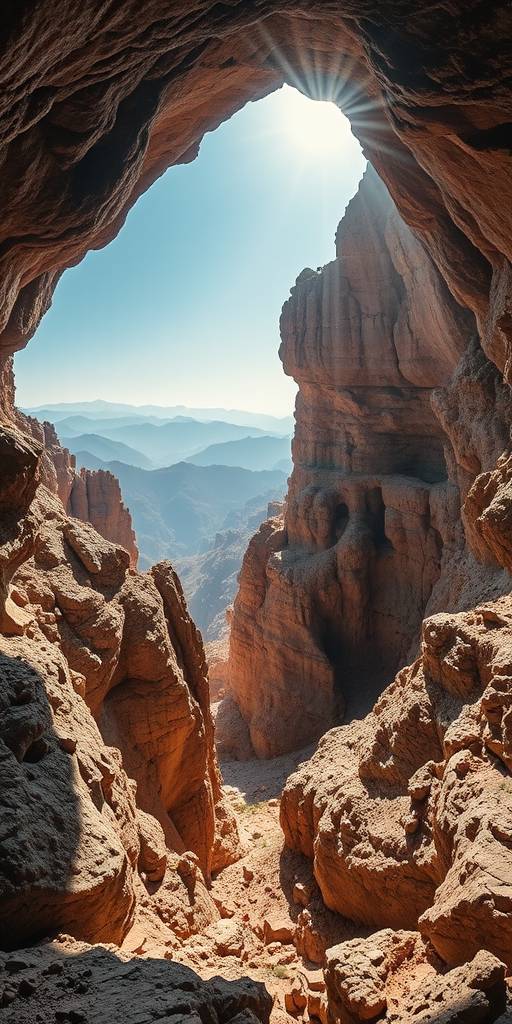 A breathtaking cave landscape with sunlight streaming through an opening, highlighting textured rock formations and distant mountains, captured with a Canon EOS R5 at f/8, ISO 100, 1/125 sec, wide-angle lens, in soft natural light.