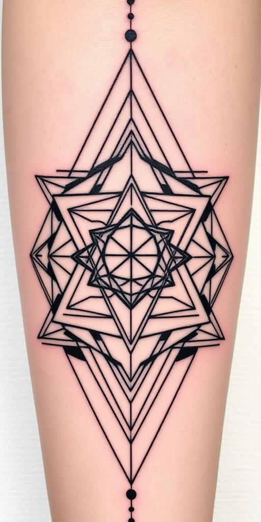 Abstract geometric tattoo titled "Sacred Symmetry" incorporating precise shapes and lines to form a balanced composition inspired by sacred geometry and architectural elements