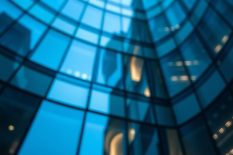 architectural close-up of modern glass building reflecting light, shallow depth of field, aperture f/2.8, ISO 100, 50mm lens, natural lighting, shot from a low angle to emphasize reflections and curves