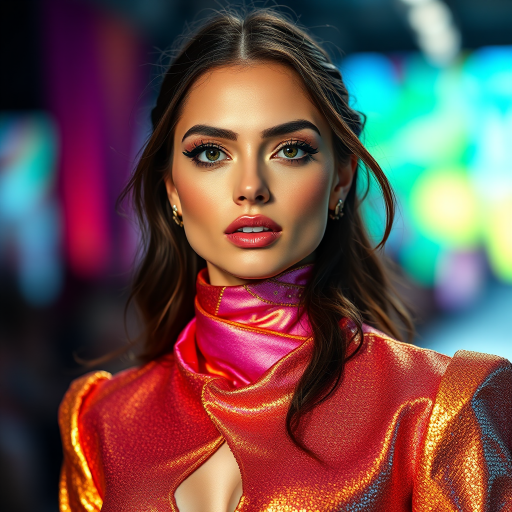 Runway capture, a beautiful model, vibrant colors, metallic textures, high fashion editorial , a 100mm macro lens to get extreme close-ups of intricate details like fabric stitching, accessories, or makeup artistry