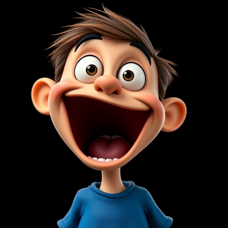 Create a cartoonish image of an exaggerated character with a large mouth wide open, big eyes, and a simplistic blue shirt, set against a solid black background, using a DSLR camera with a 50mm lens, f/1.8 aperture, ISO 100, and 1/200s shutter speed for sharp focus and vibrant colors.